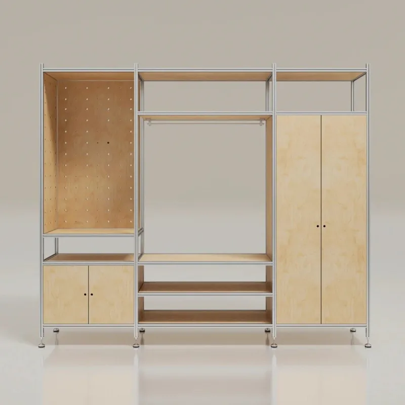 Modern simple aluminum profile cabinet, birch multi-layer board display rack, hole board display household wardrobe storage rack