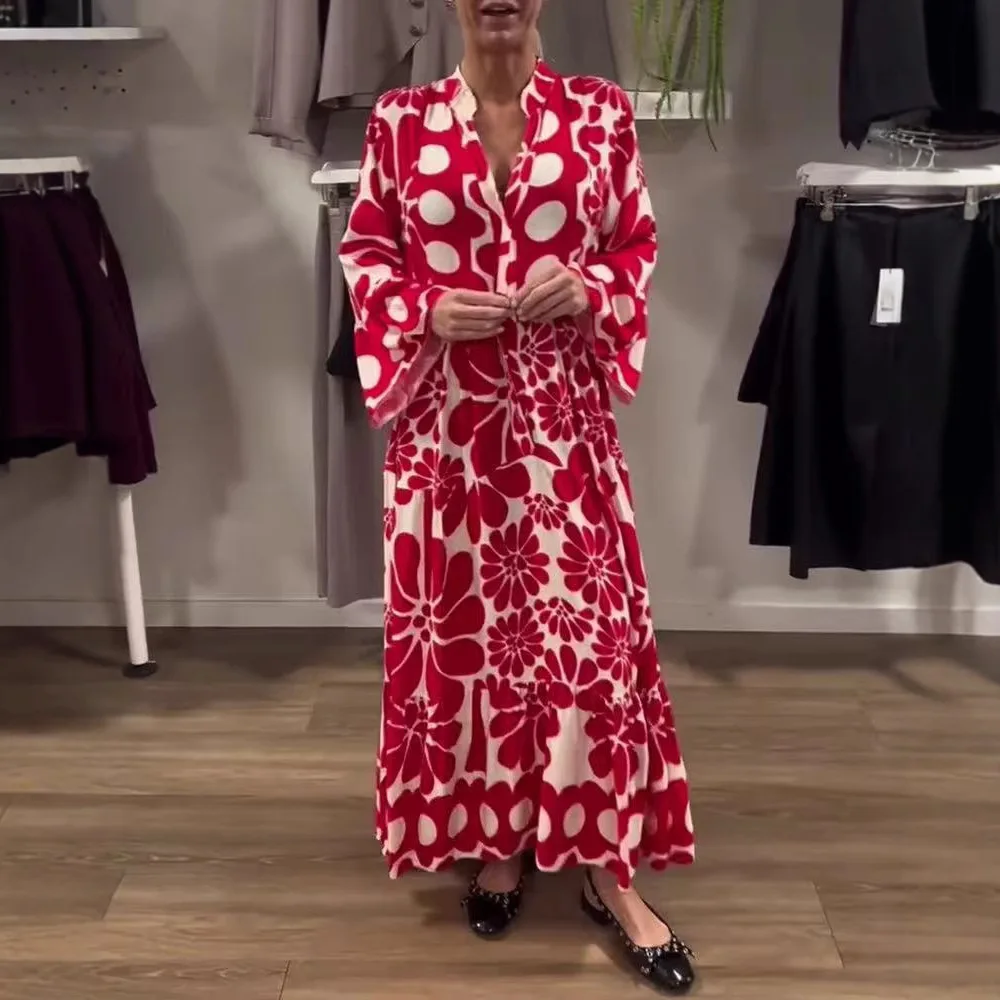 

Dress Women Dresses Single Breasted Long Sleeve Stand Collar Print Loose Bohemian 2025 Summer Spliced boho A Line Vestidos