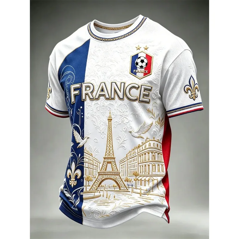 2026 3D Printed France 2-Star Football Jersey Decorated With Golden Embroidery Eiffel Tower Pattern