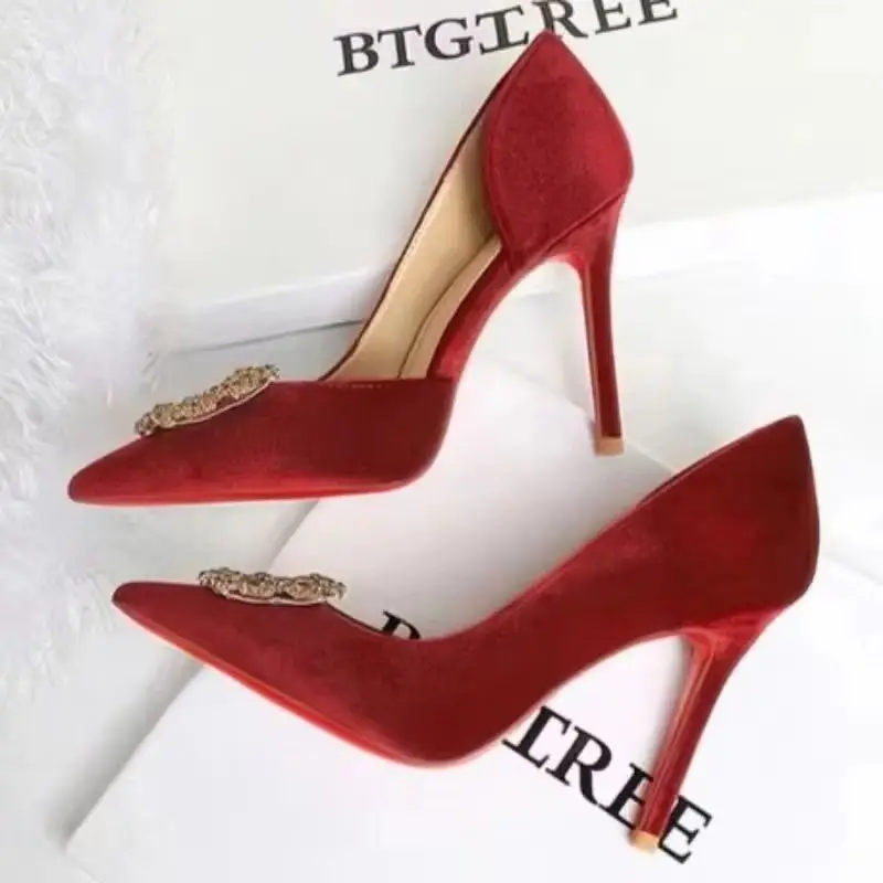BIGTREE 2026 New Velvet High Heels Women Elegant Celebrity Style Pointed Toe Rhinestone Stiletto Single Shoes