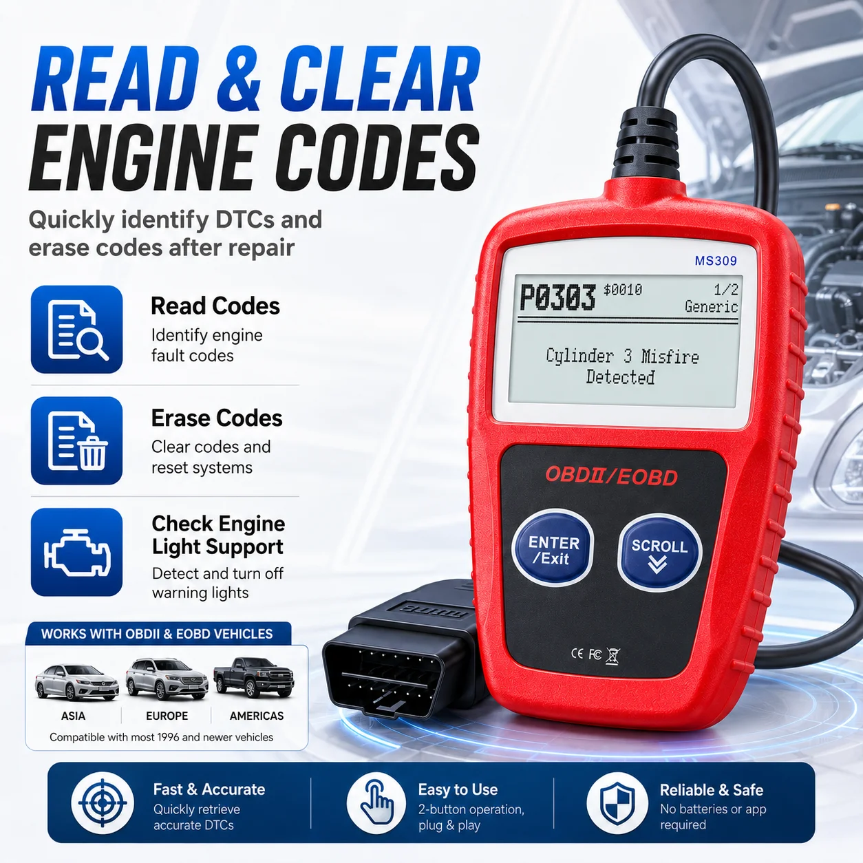 Classic Enhanced Universal Obd2 Scanner, Car Engine Fault Code Reader, Checks Engine Light and Emissions Monitor Status, Obdii Can Diagnostic Scan Tool