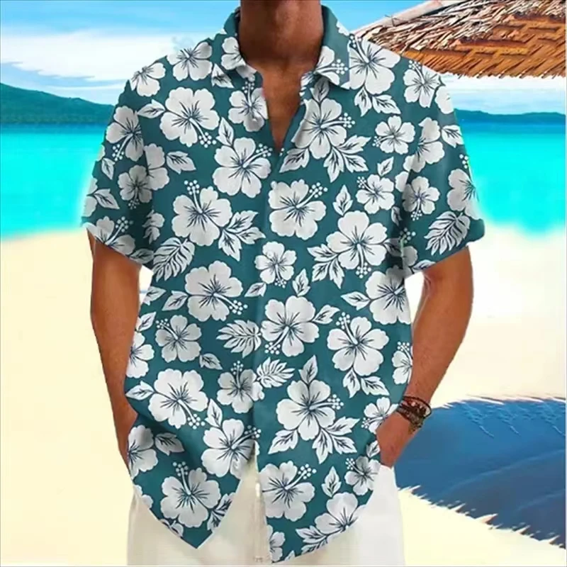 Men\'s Summer Hawaiian Shirt Casual Shirt Beach Oversized 6XL Short Sleeve Floral Print Lapel Button Down Resort Shirt