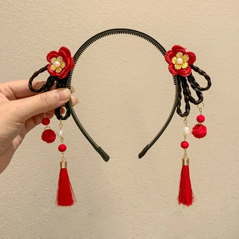 

Flower Children Wig Headband Braid Hair Tassel Chinese New Year Headwear Baby Headwear Ancient Style Red Bow Hairband Children