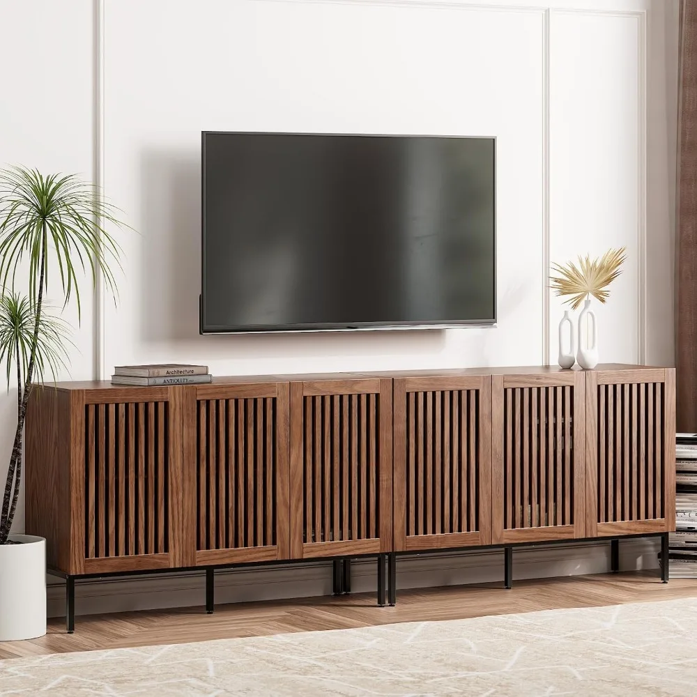 

Farmhouse TV Stand for TVs up to 100 inch, 2 in 1 Entertainment Center TV Console with Storage Cabinets and Metal Base,Brown