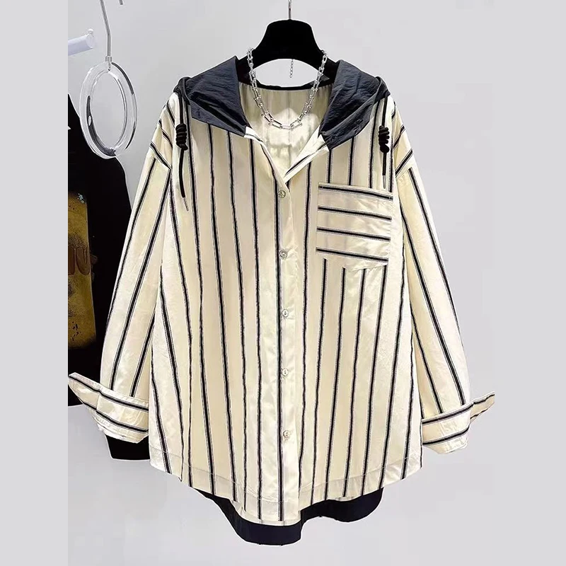 

Large size loose casual striped shirt for women, autumn and winter splicing color blocking long sleeved jacket blouses