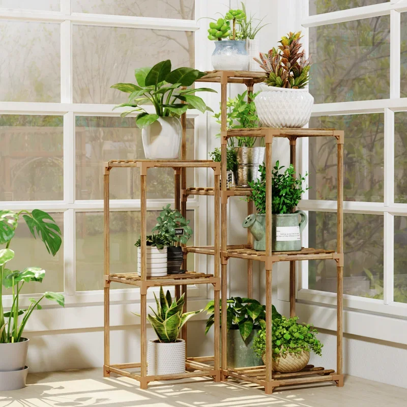 Wood Plant Stand Indoor Outdoor Ladder Plant Display Shelf Balcony Plant Storage Rack Flower Rack Holder