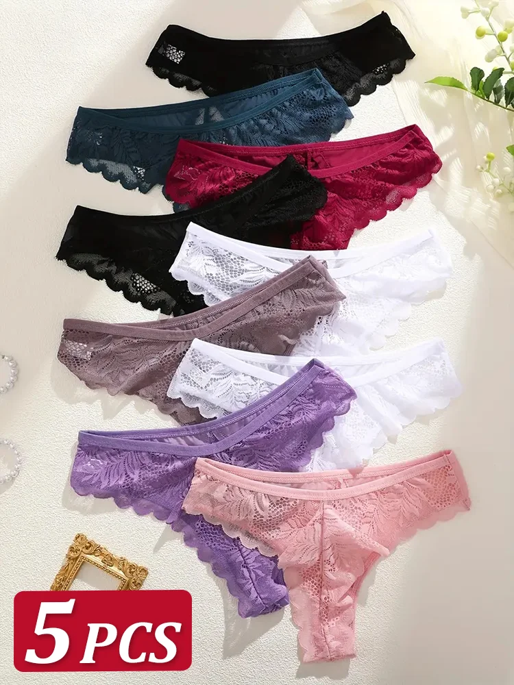 5Pcs Sexy Spitze Thongs für Frauen Solide G-String Höschen Floral Perspektive Unterwäsche Weibliche Weiche Atmungsaktive Menstruations Dessous