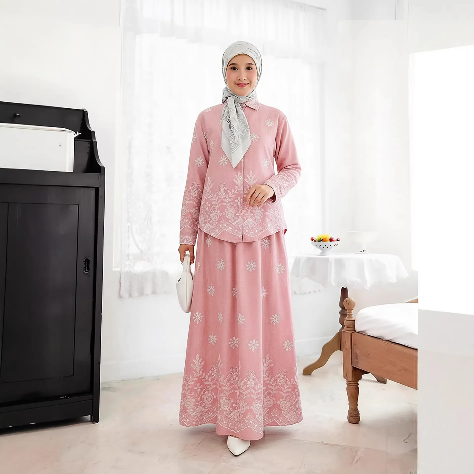 Conjunto de dos piezas bordado modesto para mujer musulmana, camisa, falda oscilante, traje de Dubái Abaya, ropa islámica Eid modesta, trajes de fiesta