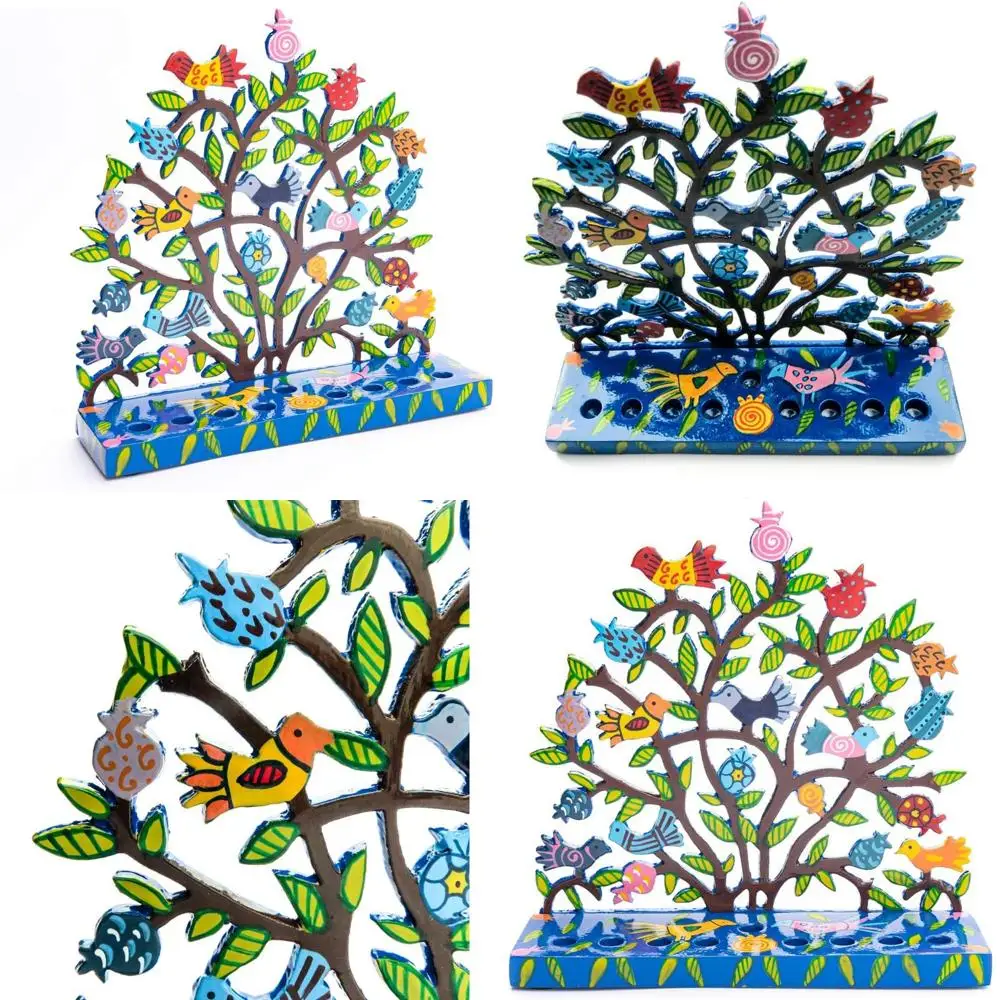 

Laser-Cut Metal Menorah with Birds and Pomegranates Tree Design