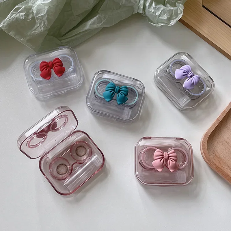 Pink Cute Bows Transparent Contact Len Case Cosmetic Contact Lense Box Female Cute Clear Portable Small Storage Len Box Portable