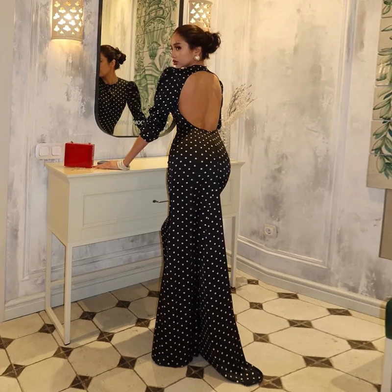 

SKMY Round Neck Polka Dot Printed Sexy Backless Long Sleeved Fishtail Dress Women's Clothing 2026 New Temperament Long Dresses