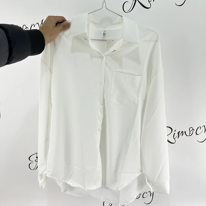 Rimocy Spring Summer Loose White Shirts Women Fashion Big Pocket Turn Down Collar Woman Blouses 2022 Button Office Blusas Ladies