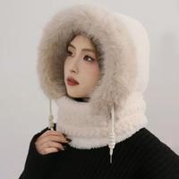 Women Winter Plush Hat Warm Thick Hood with Scarf Mask Ear Protection Windproof Thermal Cap for Outdoor Cycling Riding