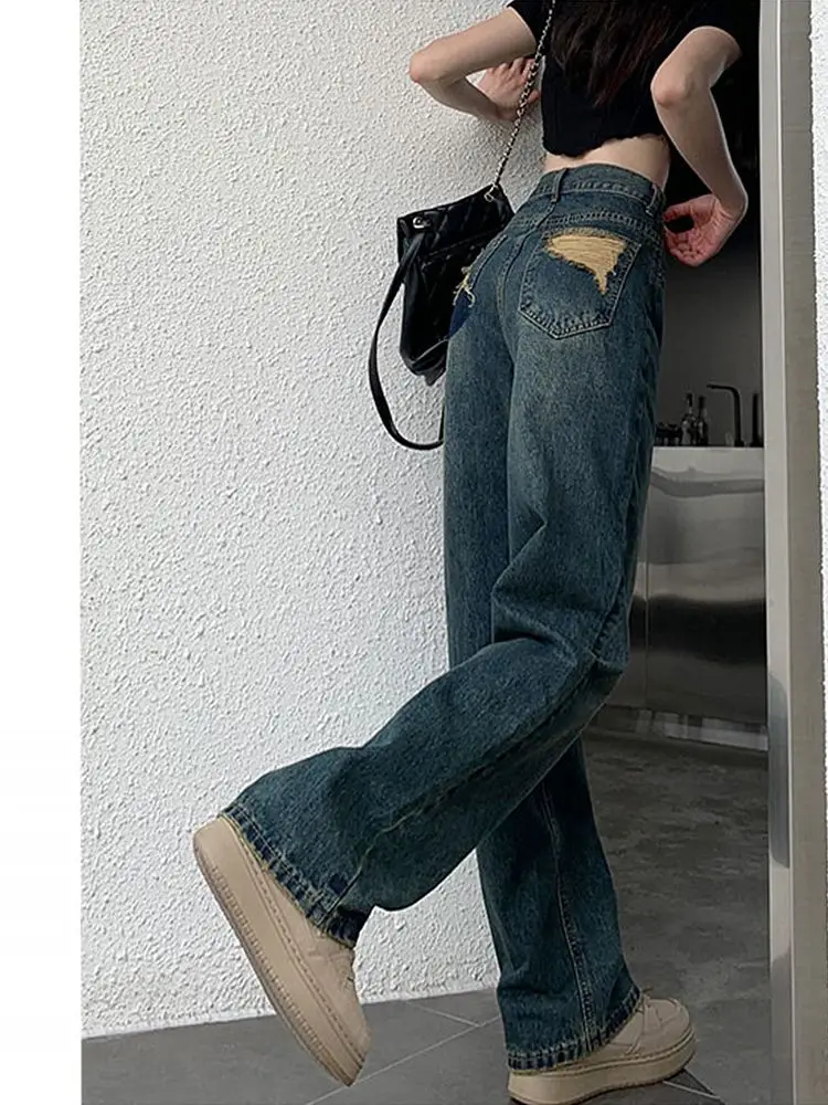 Jeans Women Ripped Students Autumn Pesonality Chic Pockets Designed High Waist Gentle Streetwear Leisure Denim Harajuku Y2k OOTD