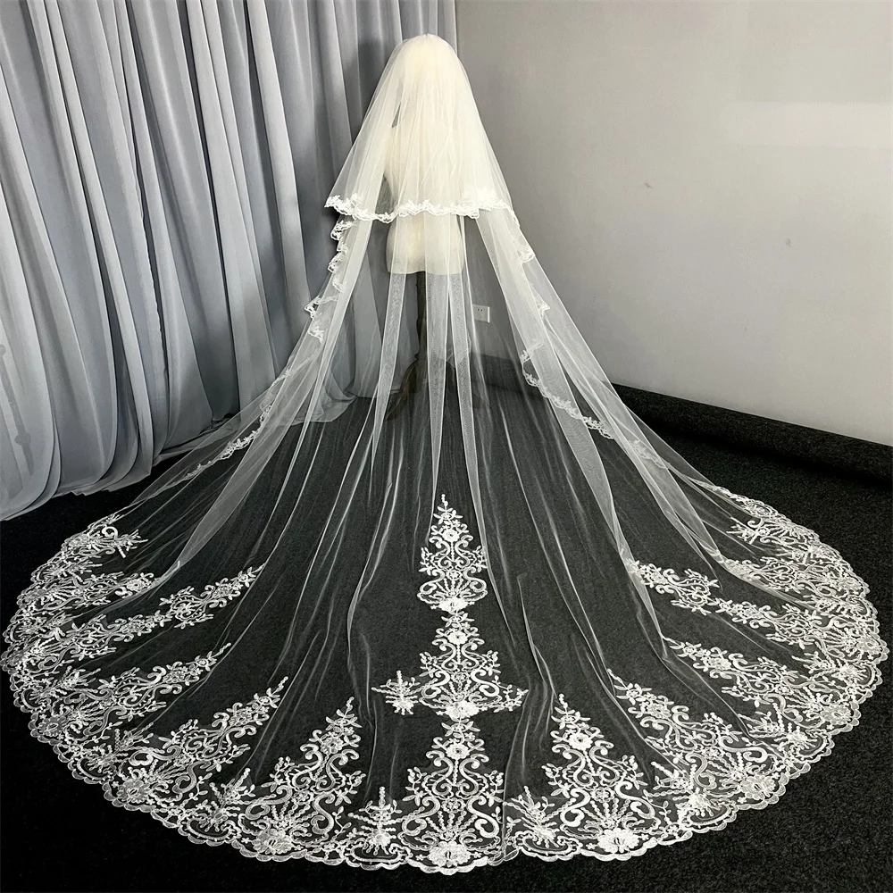 Cover face Real Photo 3m two Layer Wedding Veil With Comb White Lace Edge Bridal Veils Ivory Appliqued Cathedral Wedding Veil