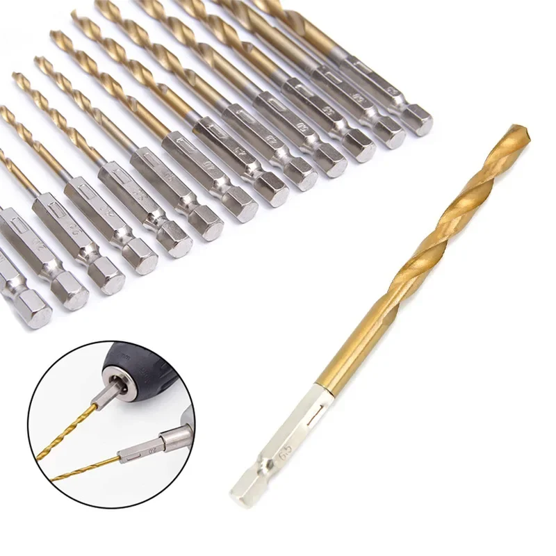 HSS Set mata bor, dilapisi baja Titanium kecepatan tinggi 1/4 Hex Shank 1.5mm-6.5mm heksagonal menangani bor putar 13 buah