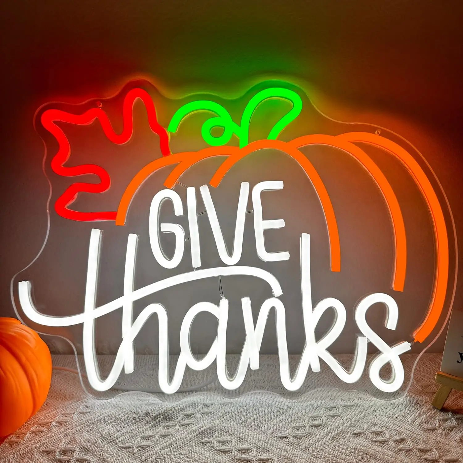 

Thanksgiving LED Neon Sign Give Thanks Pumpkin Fall Home Decor Wall Art Table Mantel Decor Holiday Gift