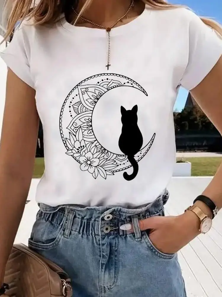 

Short Sleeve Print Clothes Women Spring Summer Female Tee Fashion Cat Love Sweet Valentine Shirt Lady Graphic T-shirt Clothing