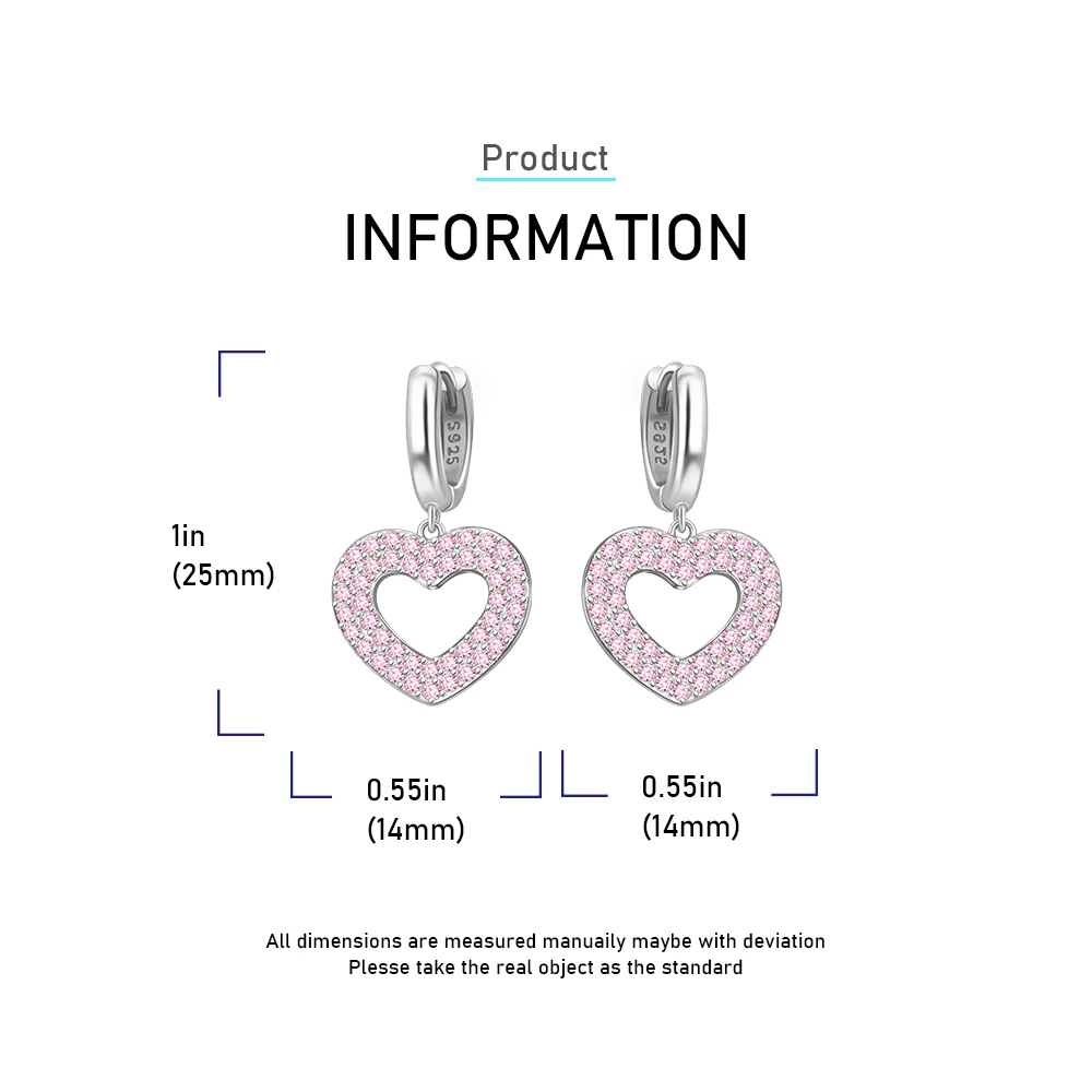 Sweet 925 Sterling Silver Pink Zircon Heart Connected &Sparkling Sapphire Earrings Girlfriend Date Gift Jewelry