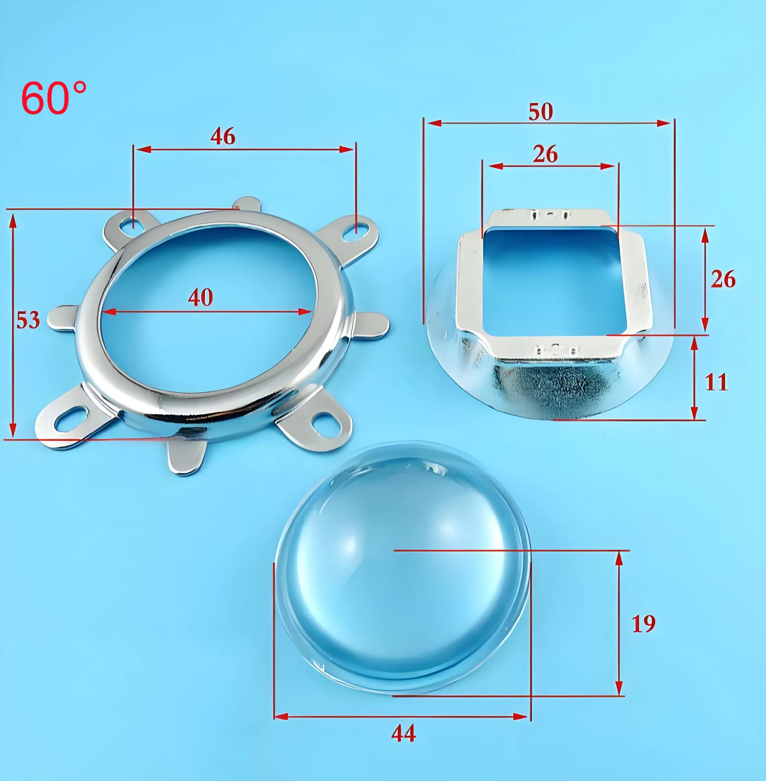 20W-100W LED عدسة كيت 44mm عدسة زجاجية بصرية عاكس كأس شرائح تثبيت