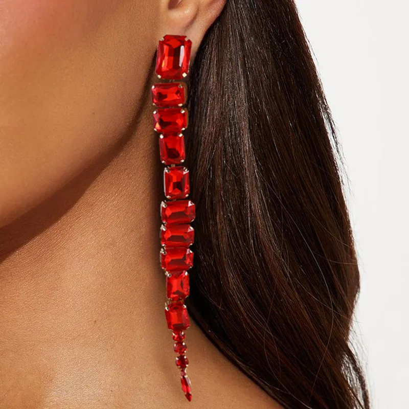 

Exaggerate Red Rhinestone Long Tassel Square Drop Earrings Fashion Party Jewelry for Women Glass Geometry Dangle Earring Gift