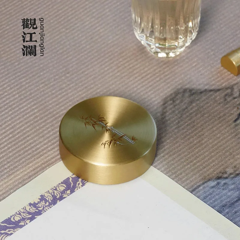 Chinese Brass Paperweight, Round Calligraphy Paper Holder for Writing & Desk Decor, New Asian Style Gift