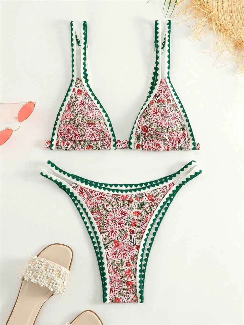 Tendance imprimé Bikini bretelles bordées maillot de bain string Push Up Y2K Boho maillots de bain Kawaii femmes deux pièces brésil maillots de bain maillot de bain