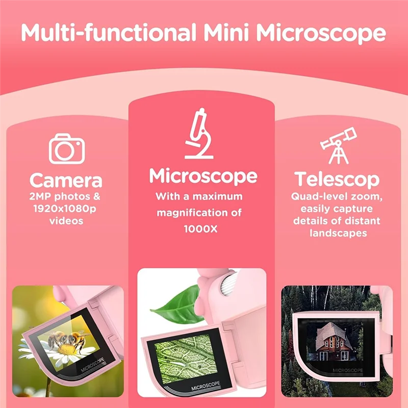 AB53 Microscope For Kids, Mini Portable Microscope With 8 Adjustable LED Lights, 2-Inch LCD Screen Pocket Microscope Camera