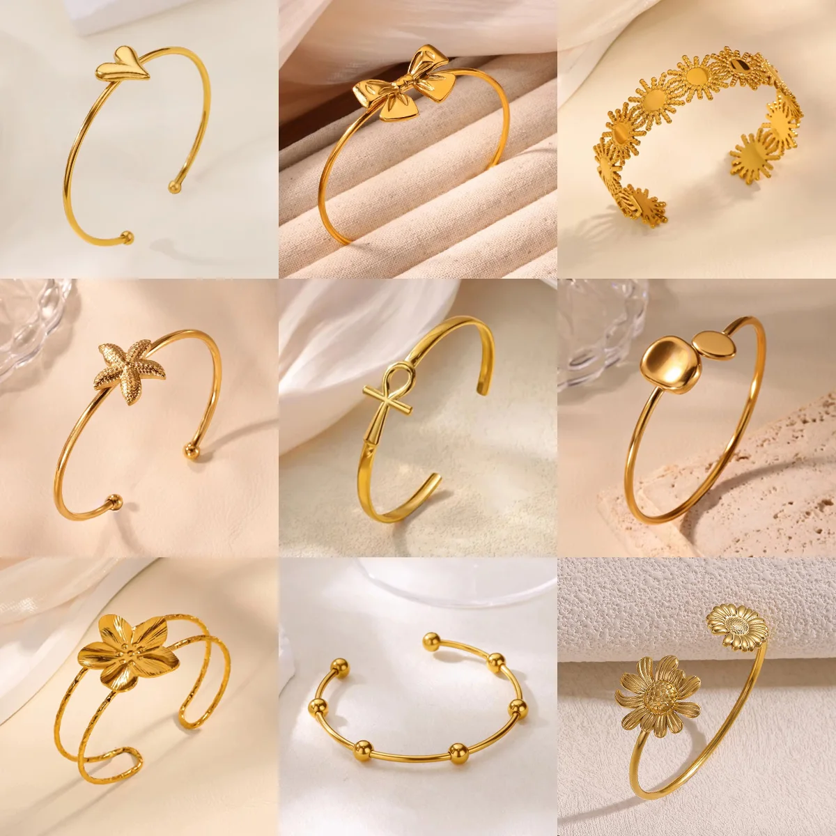 Trendiges Armband mit Schleifenknoten und Kreuzmuster für Damen, Edelstahl, goldfarben, Seestern, Herz, Blume, Armreif, Sommerschmuck, bestes Geschenk