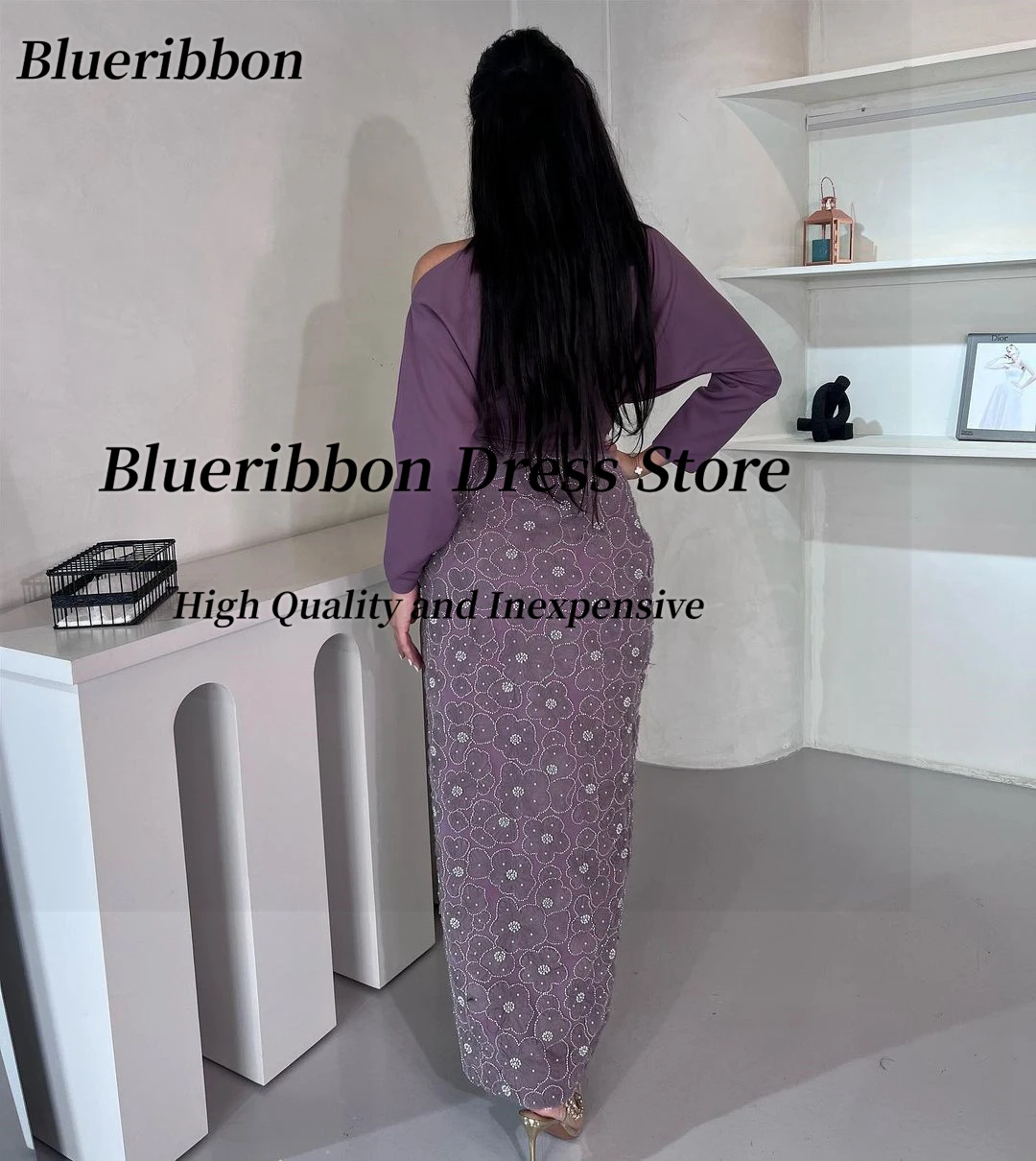 Blueribbon Modern Prom Dresses 2024 Long Sleeves Birthday Party Saudi Arabia Women Wear Beaded Lace Flowers Evening Formal Gowns