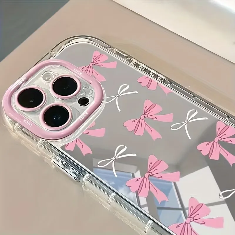 INS Koreanische Einfache Blau-Rosa Schleife Mädchen Spiegel Niedliche Handyhülle für iPhone 17 16 15 Pro Max 14 13 12 11 XS XR X 7 8 Plus TPU Hülle – Detail 4