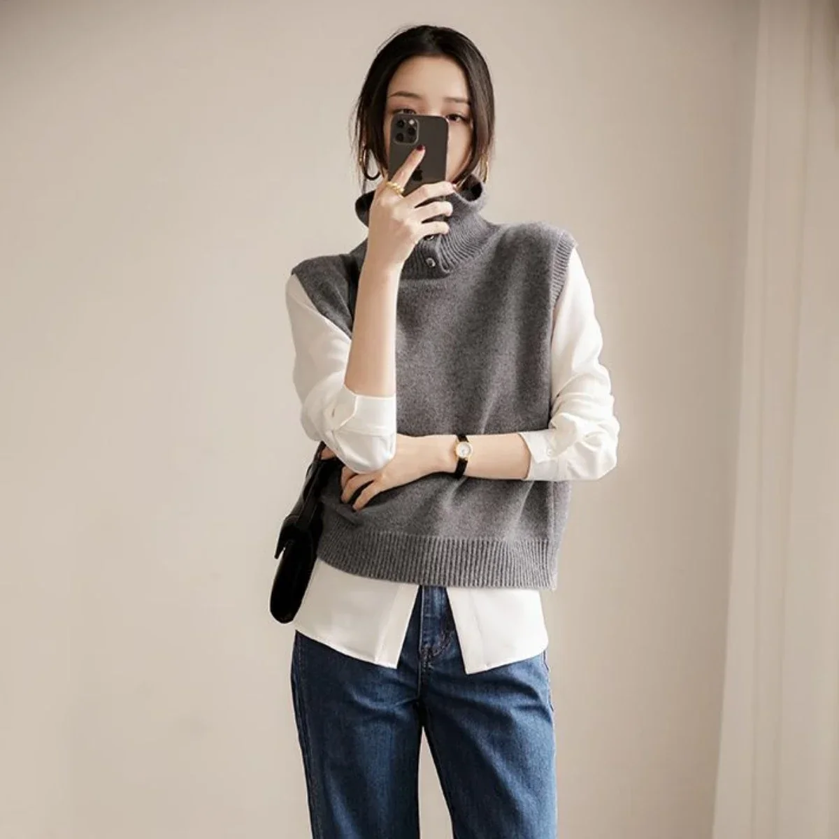 Winter Button Ladies Sweaters Grey Knitted Top for Women Gigh Neck Jerseys Vest Turtleneck Autumn 2024 Cold Jumper Korean Luxury