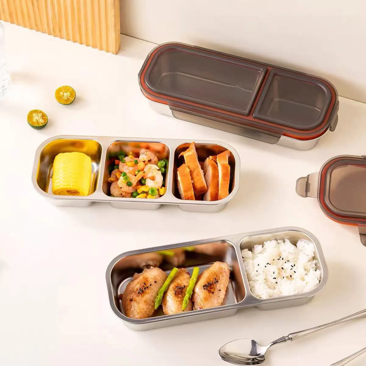 Stainless steel compartmentalized lunch box, small portioned meal box for weight loss and fat reduction, bento box, small lunch box