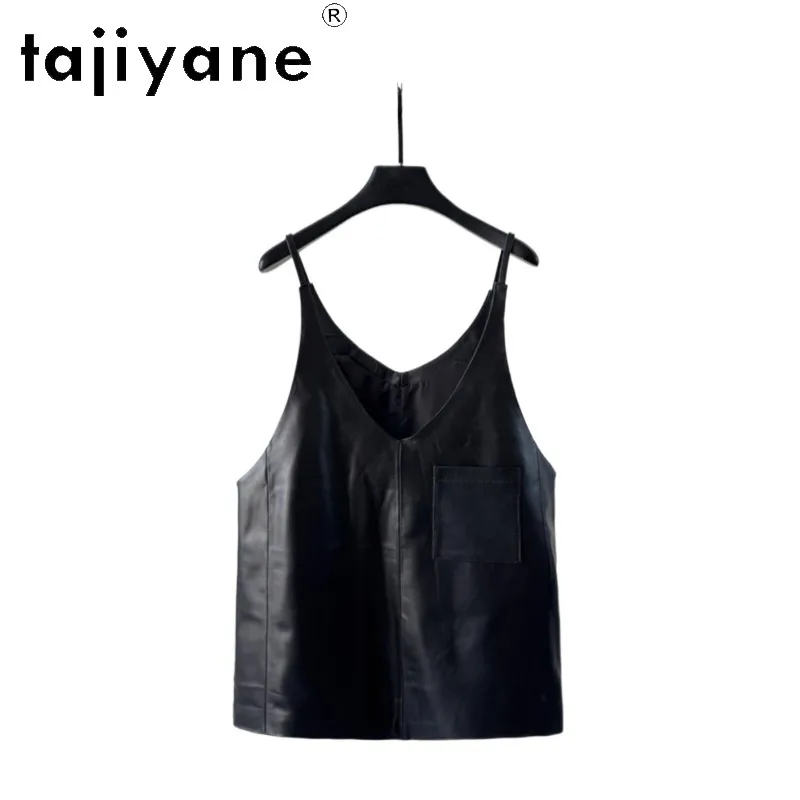 TAJIYANE 100% Sheepskin Leather Vest Sleeveless Genuine Leather Jacket Woman V-neck Tank Top Cropped Biker Veste Femme Chic 자켓