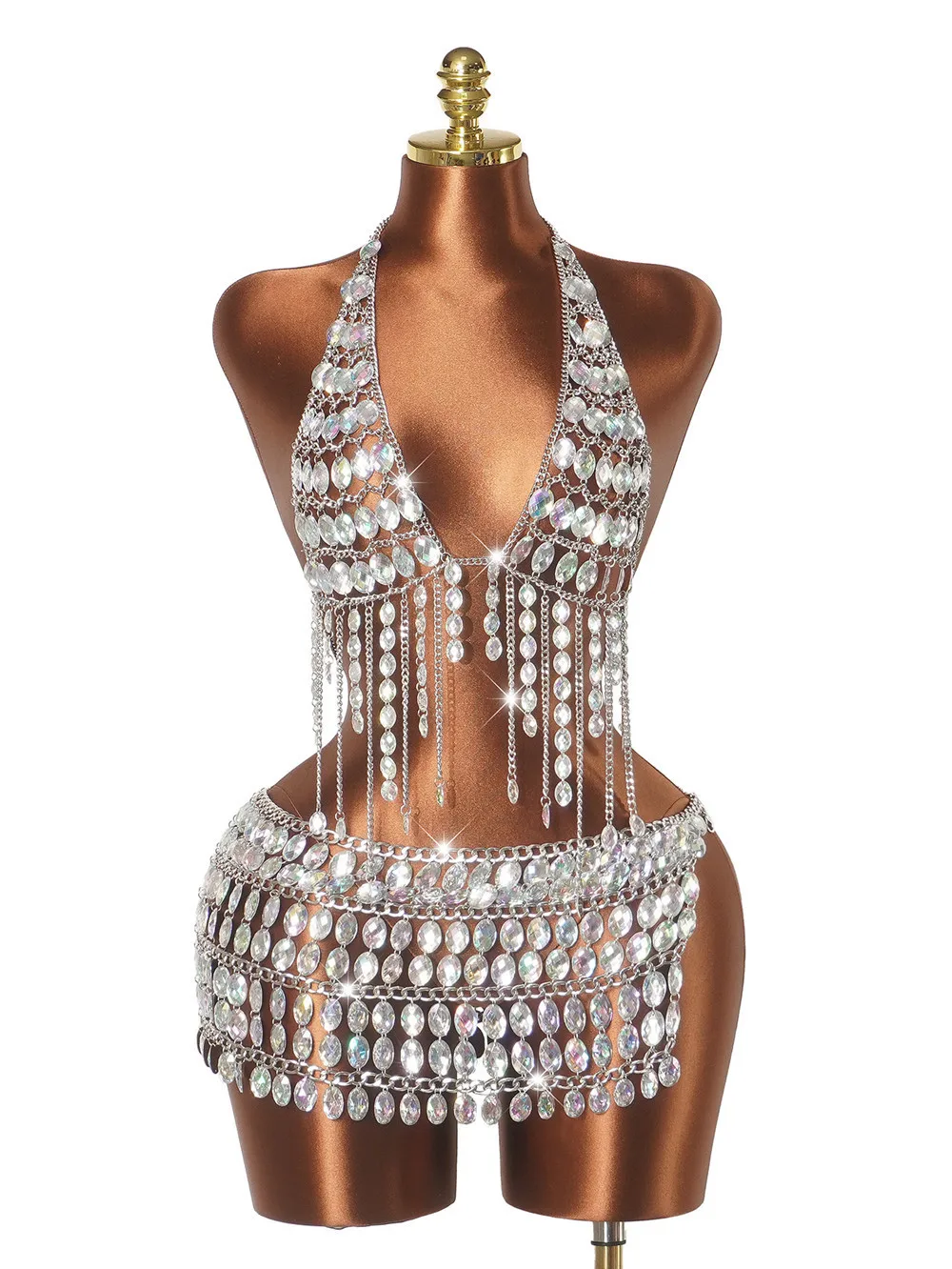 New Silver Gemstone Beaded Top Skirt Set For Festival Nightclub Transparent Diamond Shining Diamond Chest