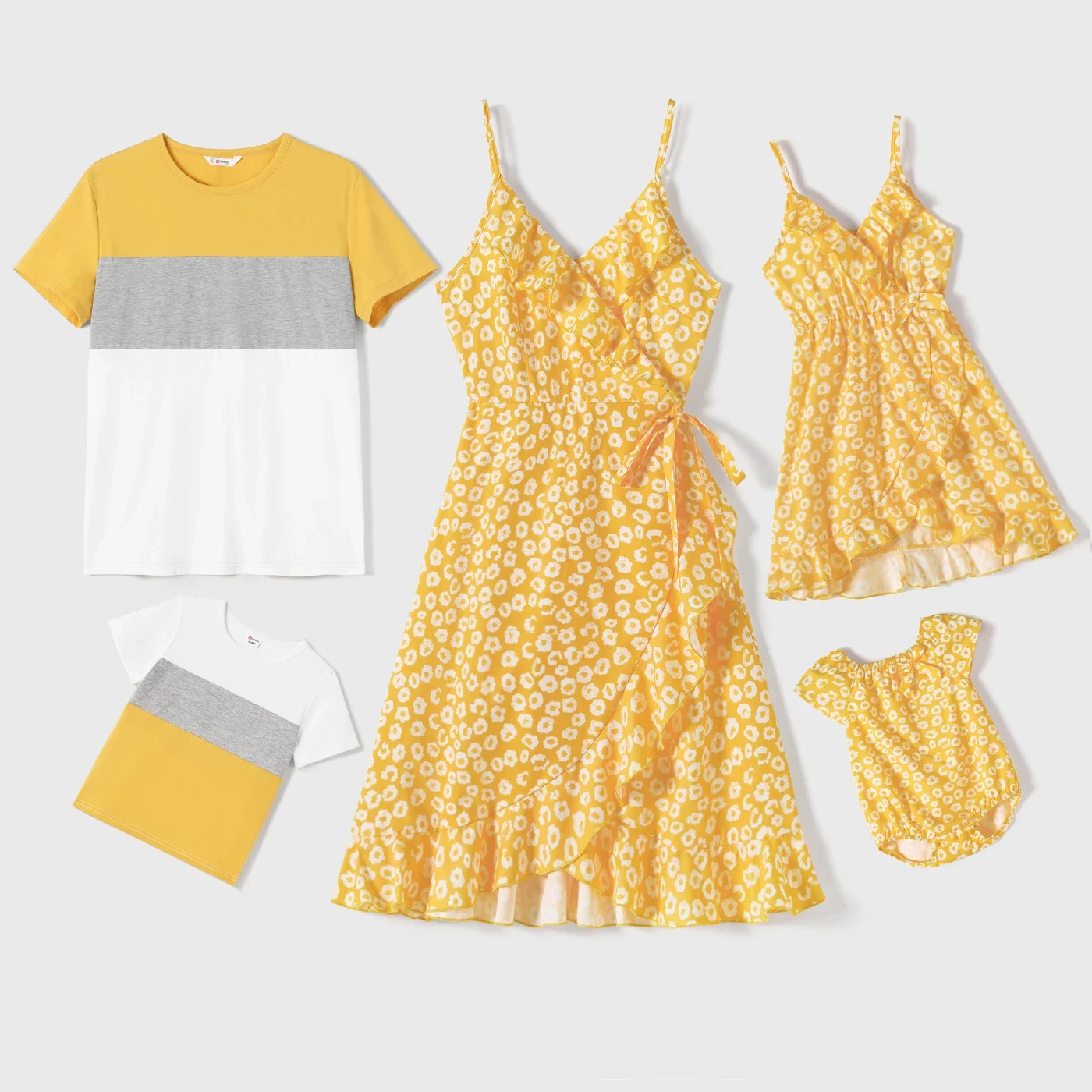 PatPat Family Matching Yellow Floral Print Surplice Neck Ruffle Trim Wrap Cami Dresses and Colorblock Short-sleeve T-shirts Sets