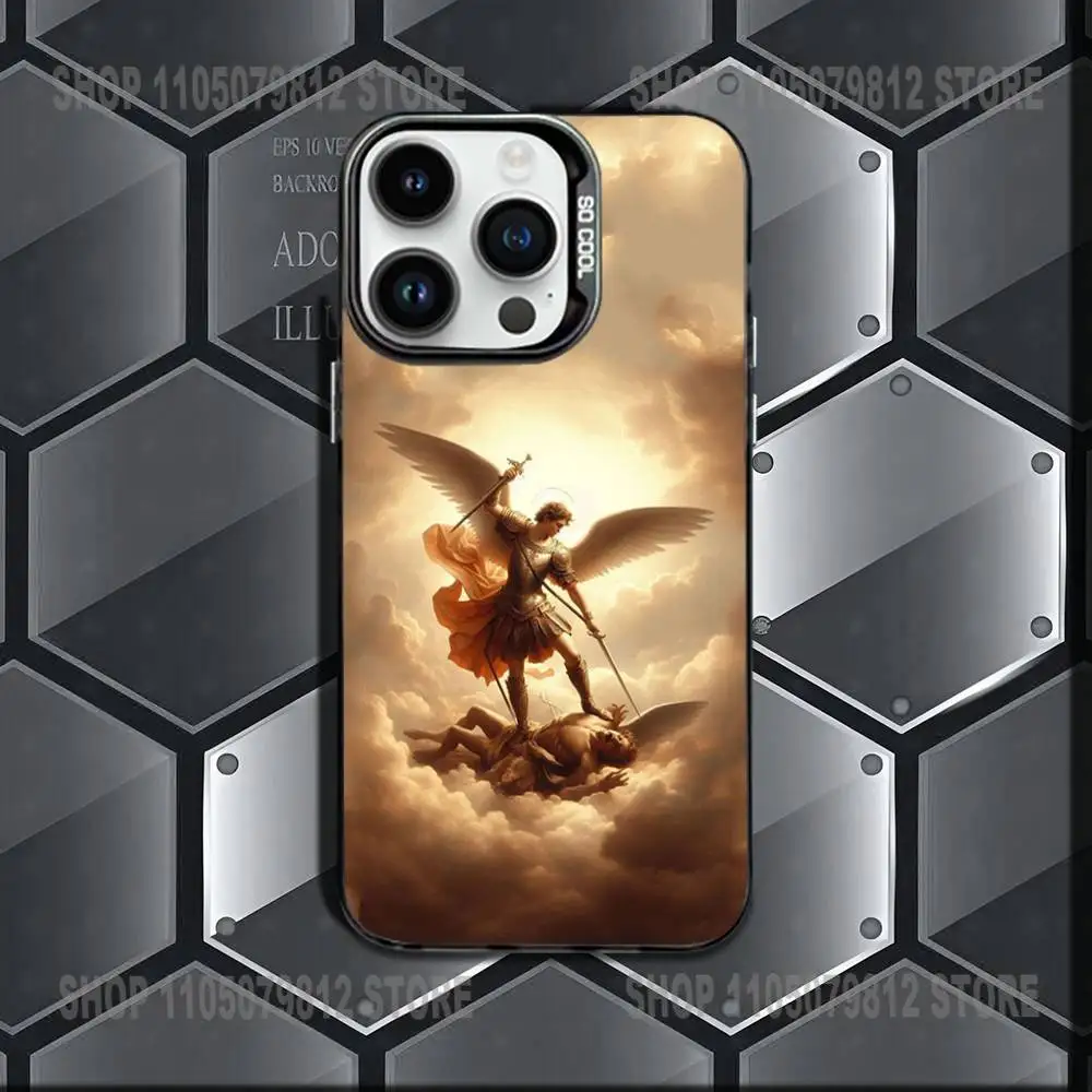 حافظة هاتف Archangel Michael Cross لهاتف iPhone 16,15,14,13,12,11,Mini,Pro,E,MAX غطاء مقاوم للصدمات من الحلوى السوداء غير اللامعة #2
