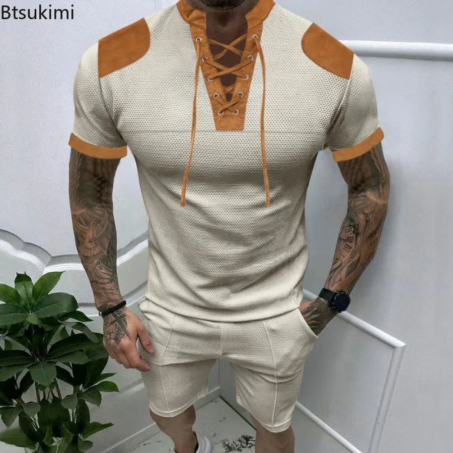 Summer New Men's Casual Suit Fashion Patchwork Retro Lace-up V-neck Henley Shirt and Shorts Sets Male Trend Colorblock Sportwear