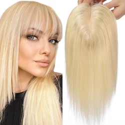 Light Honey Blonde Remy Human Hair Toppers with Bangs 10inches Straight Human Hairpieces for Women Silk Base Human Hair Toppers
