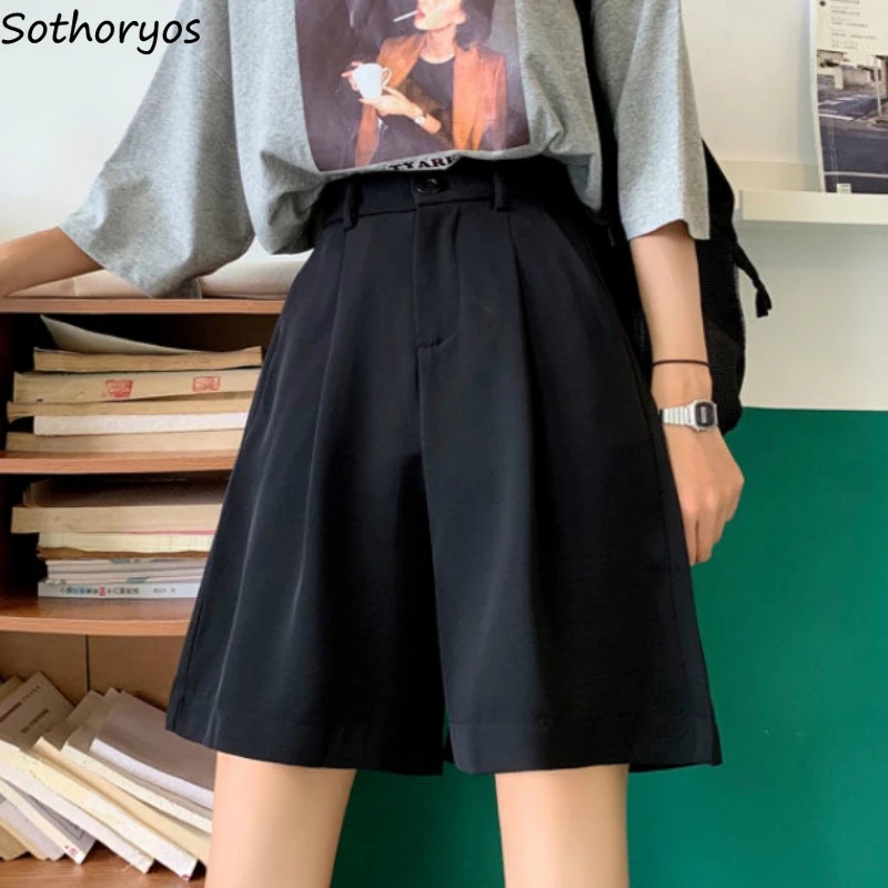 

Black Shorts for Women Button High Waist Summer Unisex 4XL All-match Korean Style Baggy Knee-length Casual Streetwear Fashion