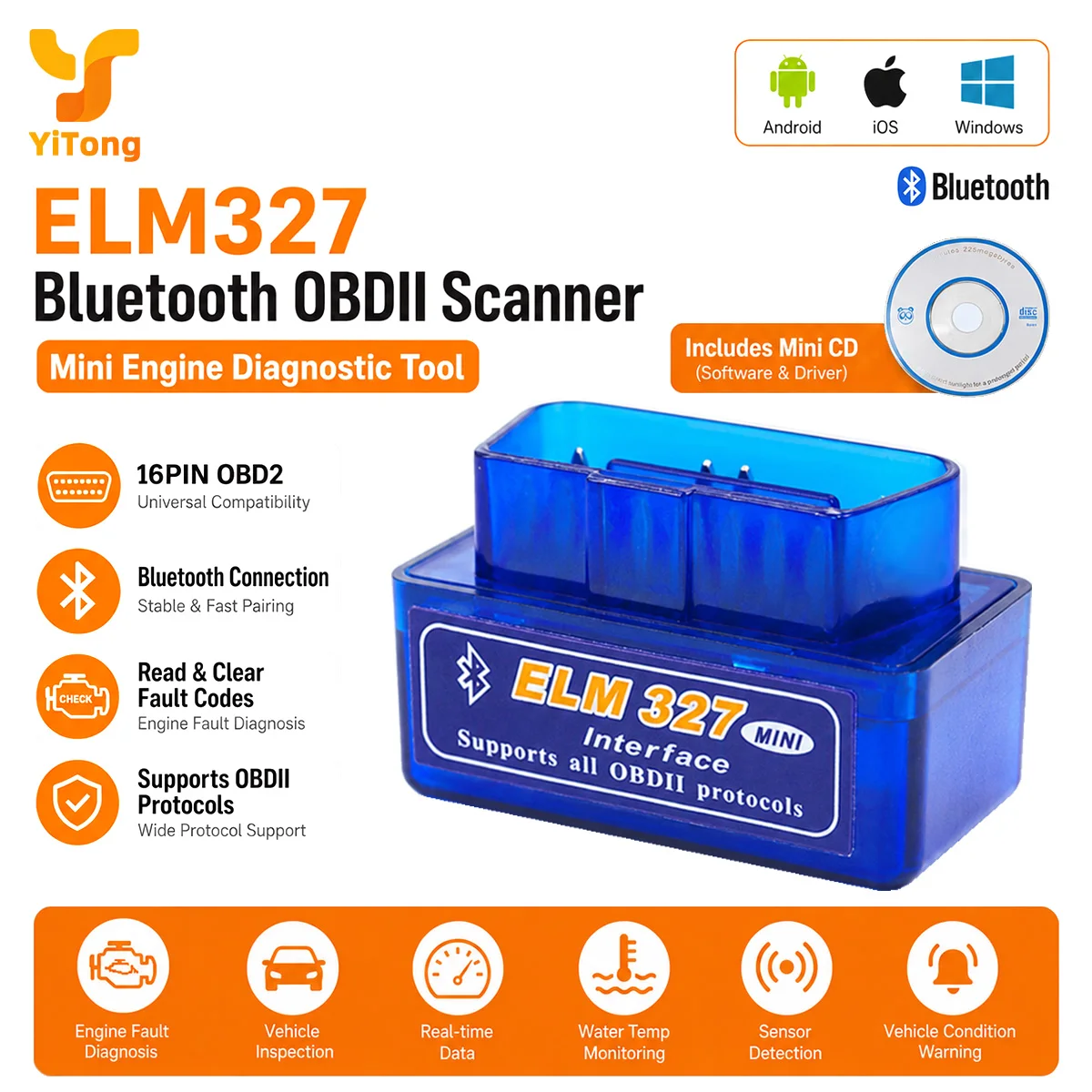 

Yitong ELM327 Mini OBD2 Bluetooth For Android / IOS Car Diagnostic Tool Check Engine Scan Car Wireless Scan Tool Fault Detector