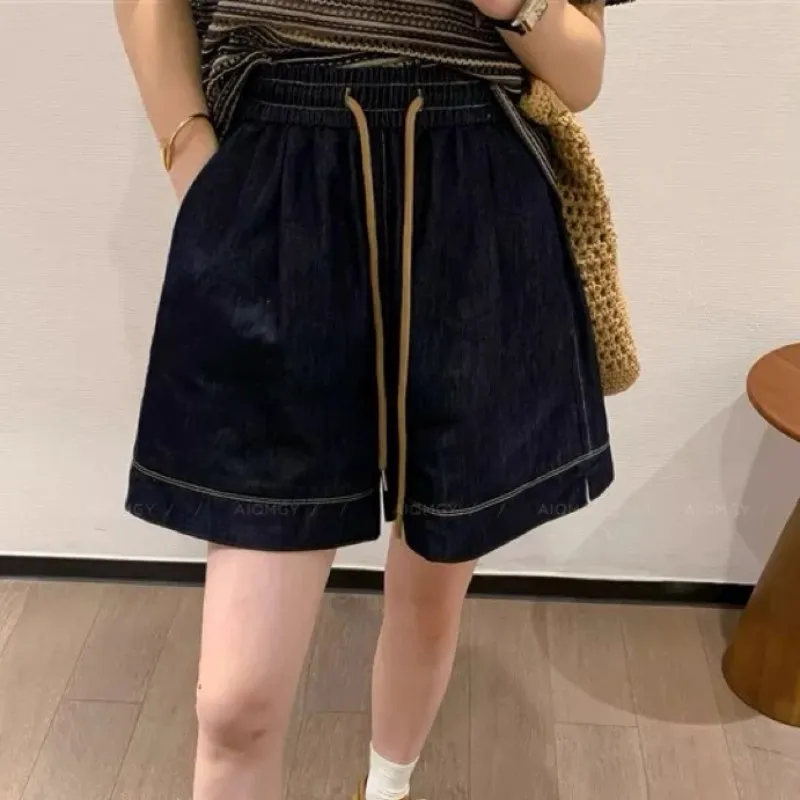 

Wide Leg Denim Shorts Women Summer Korean Version Fashionable Casual Versatile Slimming Elastic Waistband Drawstring Hot Pants