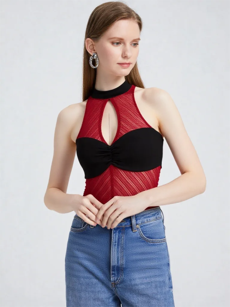 2026 Summer Design Mock Neck Mesh Sheer Cami Women Contrast Color Slim Sleeveless Top Black Red