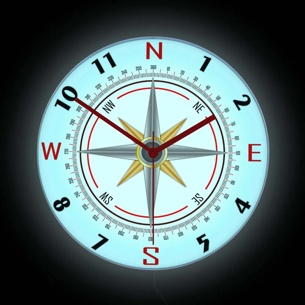 Nautical Compass Rose LED Lighting Wall Clock For Living Room Sailor Mariner Home Decor Compass Direction Luminous Wall Clock