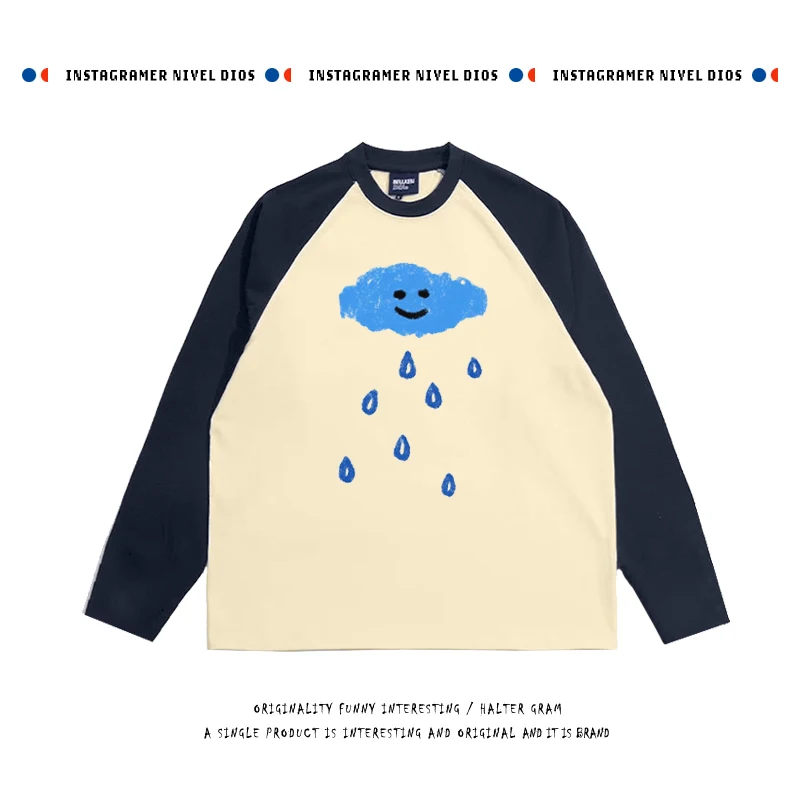 

Korean Sle Hand Dn Cloud Print Long Sve T-irt Pure Cotton oulder Insert Design School Sle Youth Faion Top