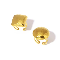 Stainless Steel 18K Chubby Disco Hammer Grain Square Ring/Earrings Personalized Gold Color Texture Waterproof Charm Jewelry