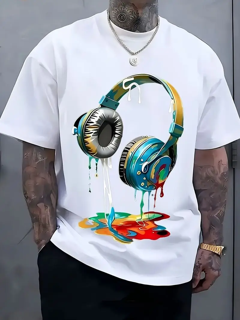 Studded Spacetime Vibrant Headphones And Paint Splatter Graphic T-Shirt, Unisex, A Casual And Comfortable Fit, Suitable For Teens, Friends, It Makes A Great Gift, Summer, Birthday, Back To School, Gym, Funny Quote Trendy Street Tee Tops