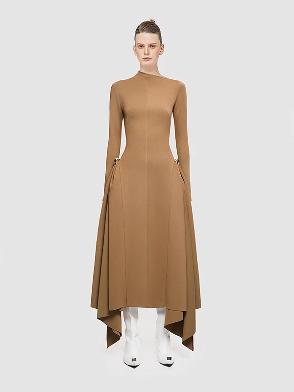

VGH Asymmetrical Long Slim Fit A-Line Dr with Elastic Waist And Long Sves Casual Sle Spring Summer Autumn