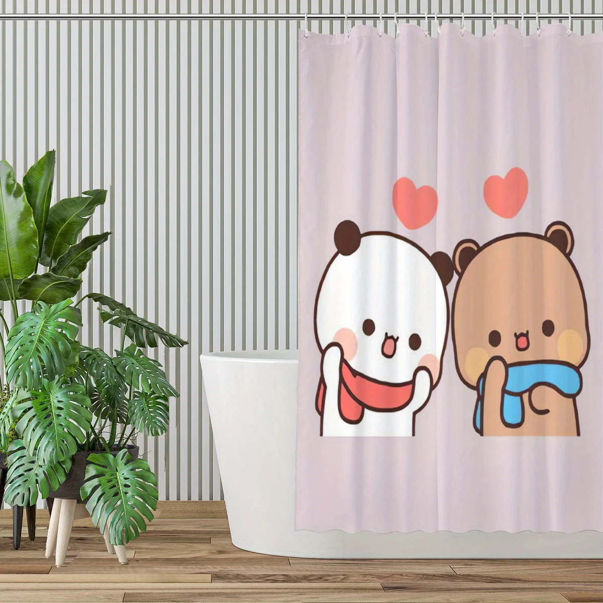 Cute Cartoon Bear Shower Curtain, Pink Love Heart Bathroom Decor Waterproof Polyester Fabric Bath Screen Modern Home Accessories