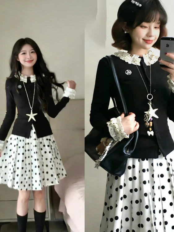 

Black Polka Dot Lace Sleeve Knitted Open Cardigan Women's Spring Versatile High Waist Skirt Set Clean Fit round Neckline Brea...